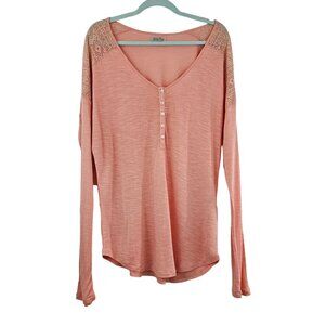Lucky Brand Womens Sz L Peach Viscose Lace Roll Tab Sleeves Boho Top Casual